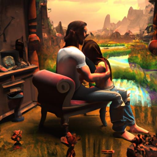 Father and Daughter Embrace in Fantasy Landscape, 3D Art