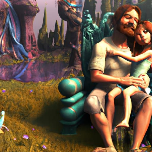 Father and Daughter Embrace in Fantasy Setting: 3D Art