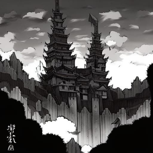 Medieval Fortress in Black and White Anime Art