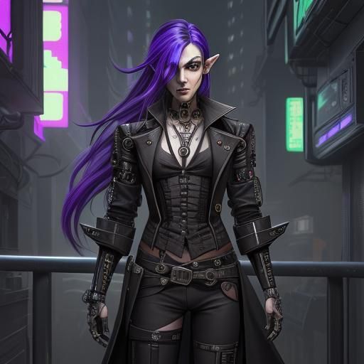 Gothic Cyberpunk Elf Detective with Long Hair