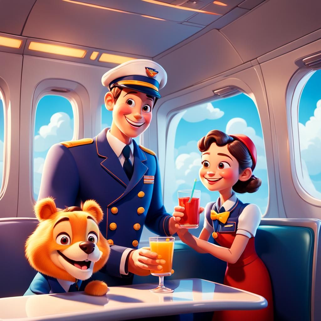 Cartoon Steward Serving Passenger in a Classic Airline Scene
