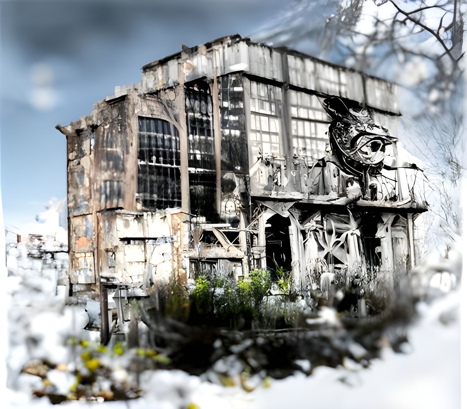 Creepy Owl Demons in Derelict Factory, Gothic Art