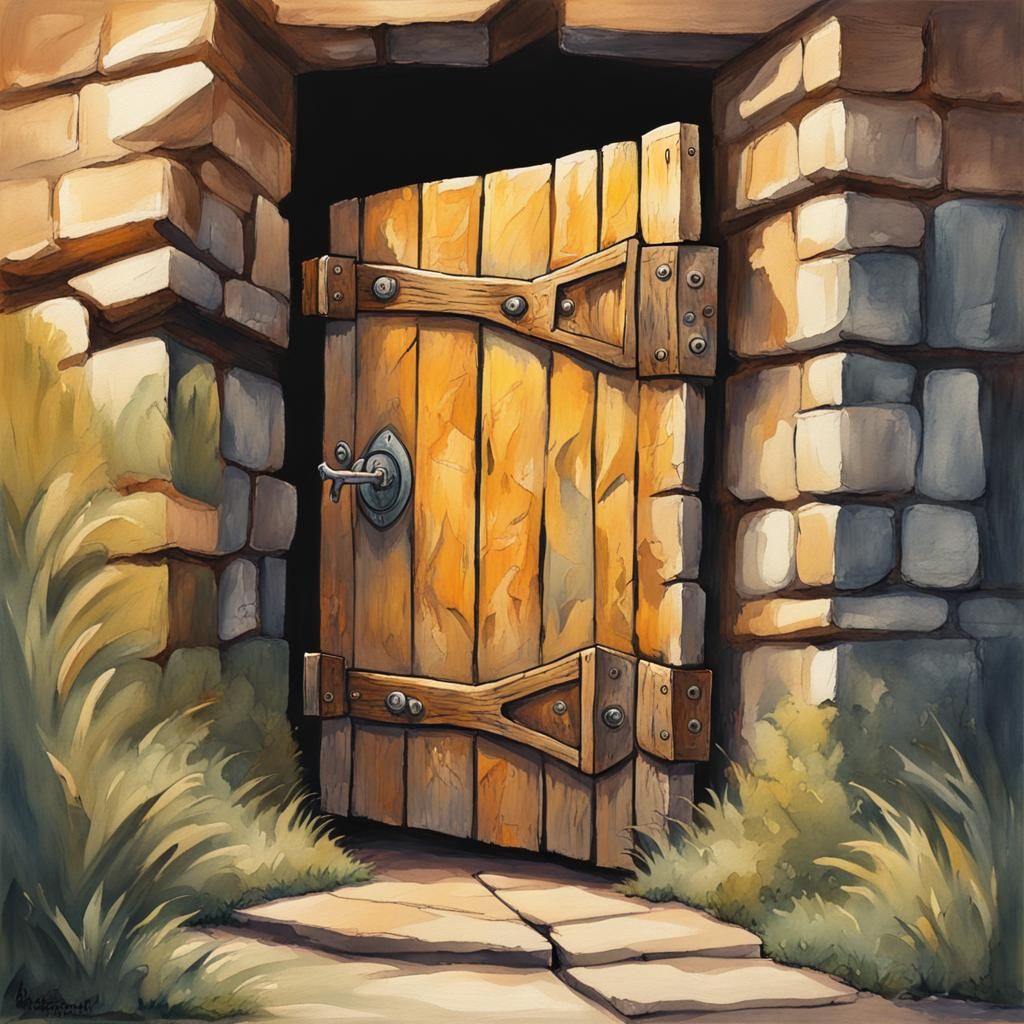 D&D mimic monster wood door in a stone dungeon