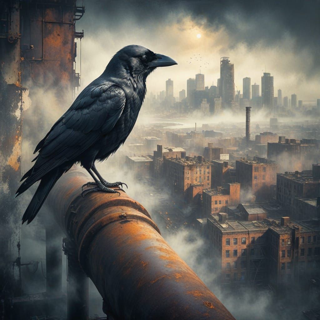 Mysterious Crow Overlooking Abandoned Cityscape in Fog