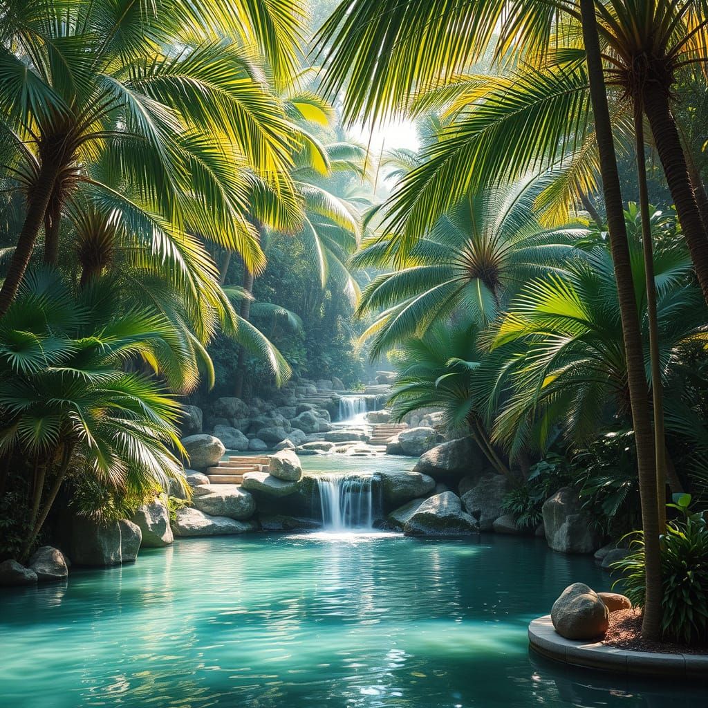 Serene Tropical Oasis with Crystal Waterfall in Paradise