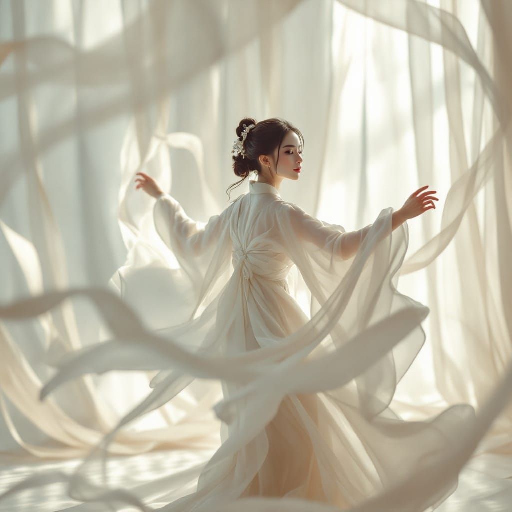 Ethereal Japanese Dancer on a Dreamy White Stage