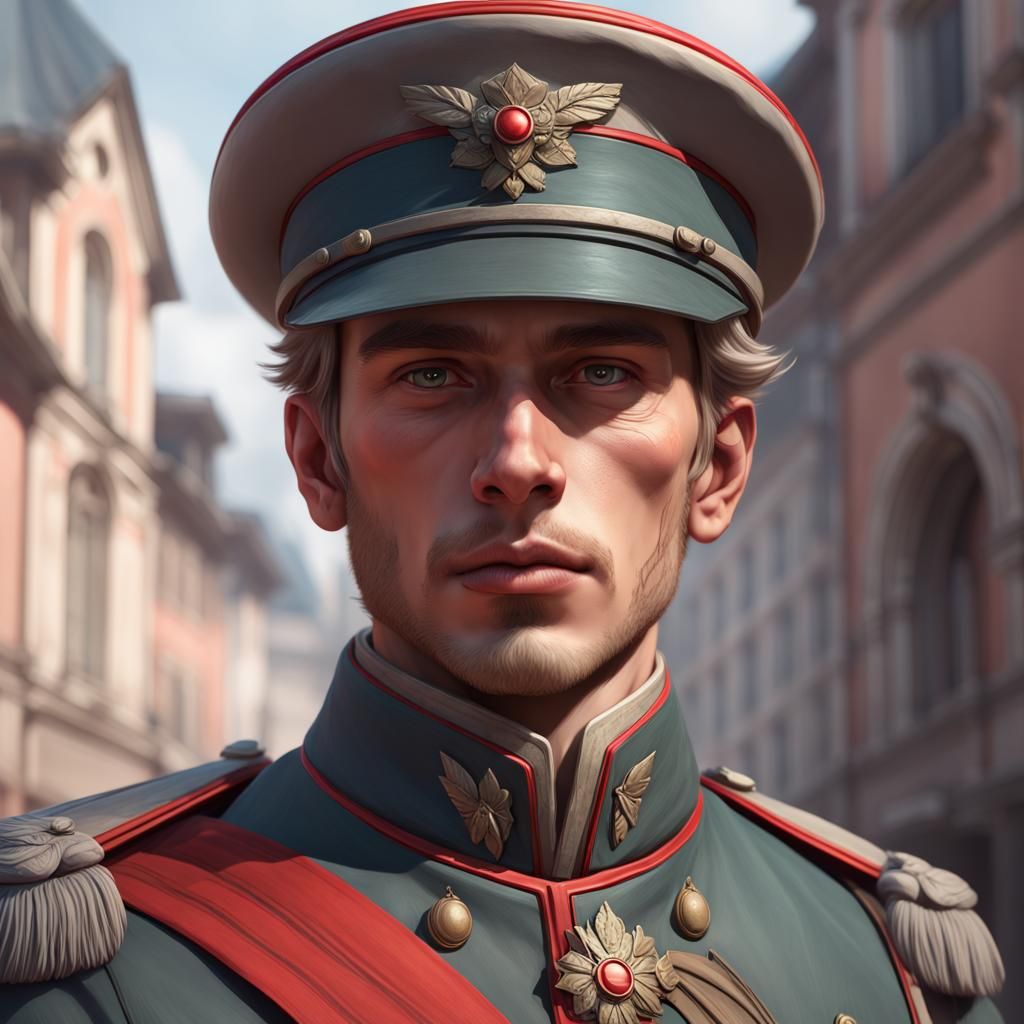 Detailed Portrait of Young Austrian Soldier in Art Nouveau S...