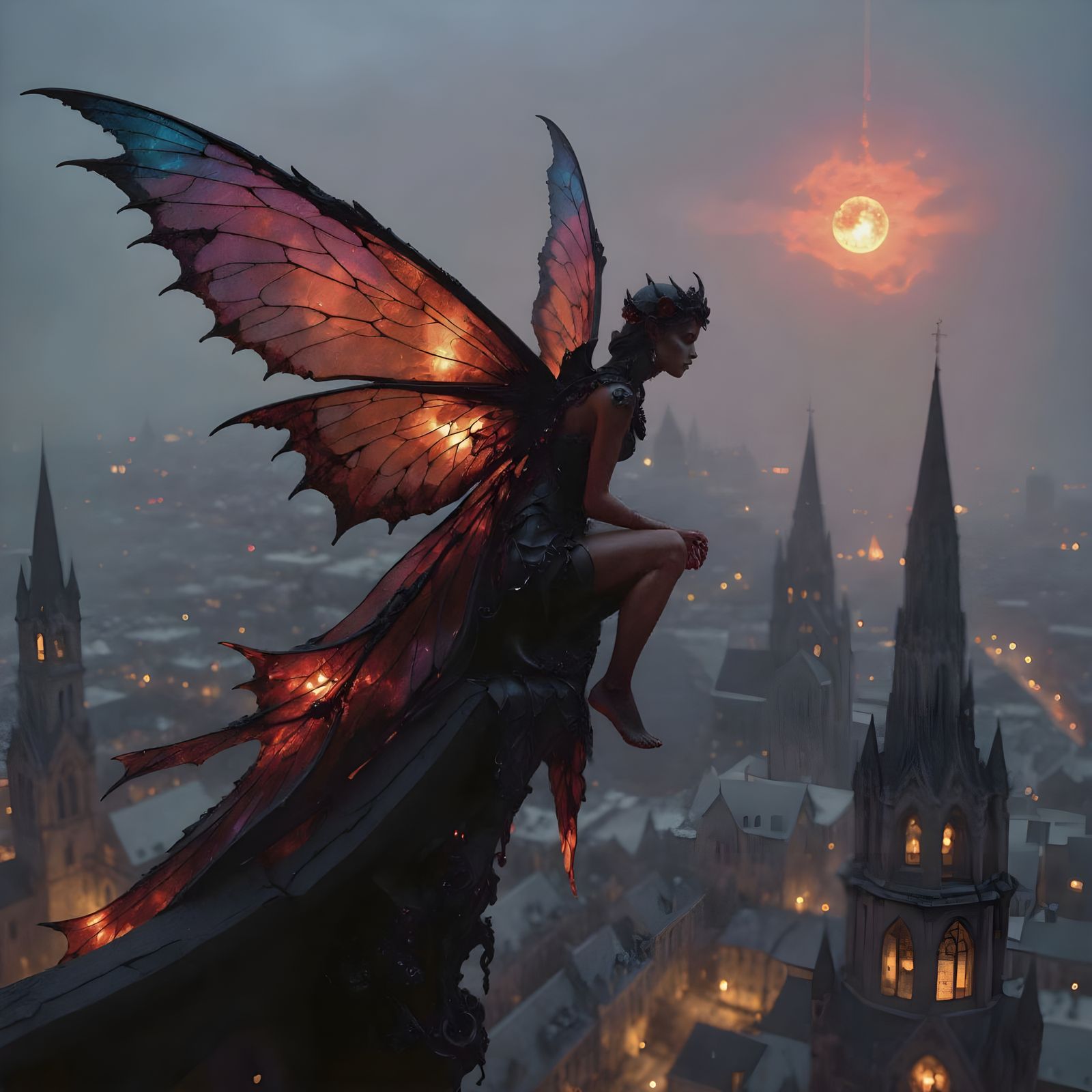 Gothic Fairy with Iridescent Wings Over Dark City