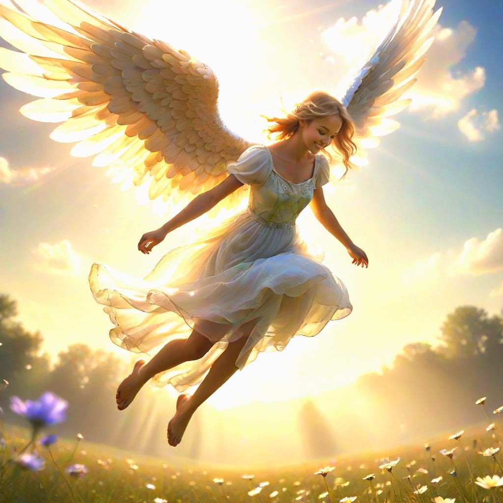 Angel Soars Over a Lush Meadow in Hyperrealistic Photography