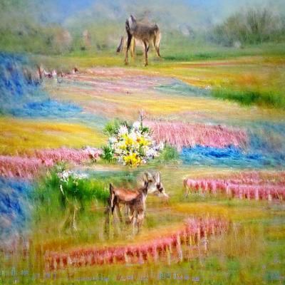 Deer and Donkey in Impressionistic Pastel Meadow