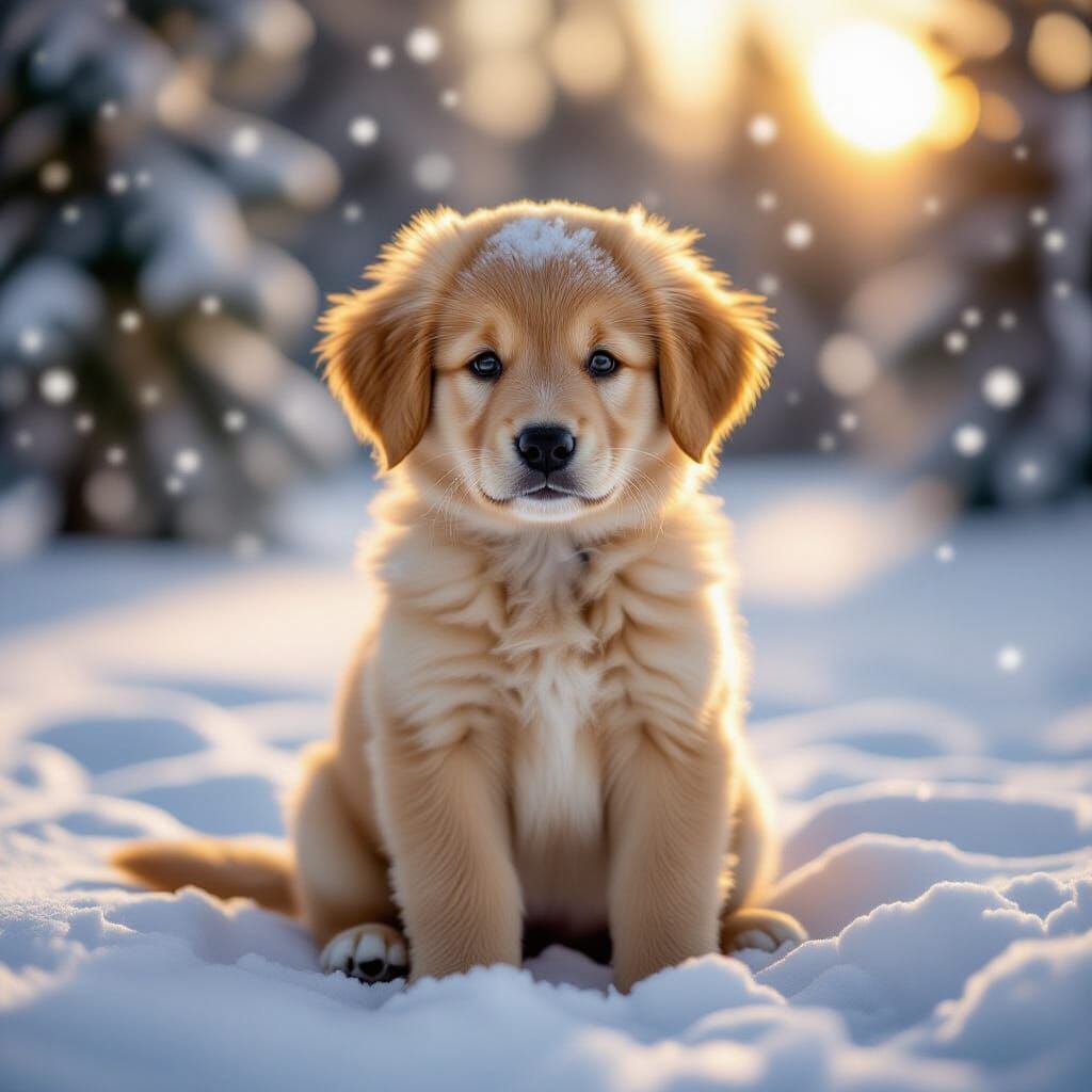Golden Retriever Puppy in Snowy Meadow at Sunset