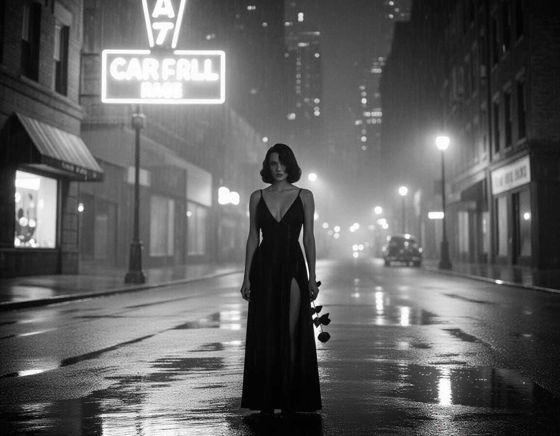 Film Noir Woman on Rainy Street at Night
