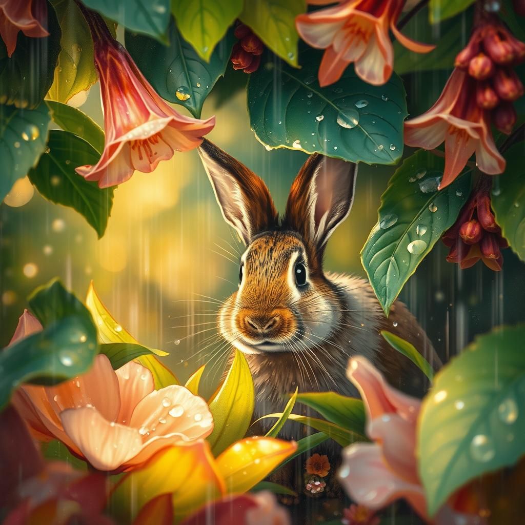 Rabbit Hiding in Spring Rain: Impressionistic Style