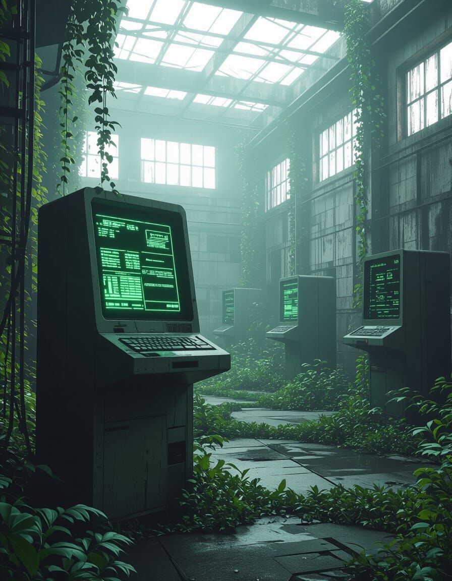 Retro Computer Terminal Shows Abandoned Warehouse Field Anal...