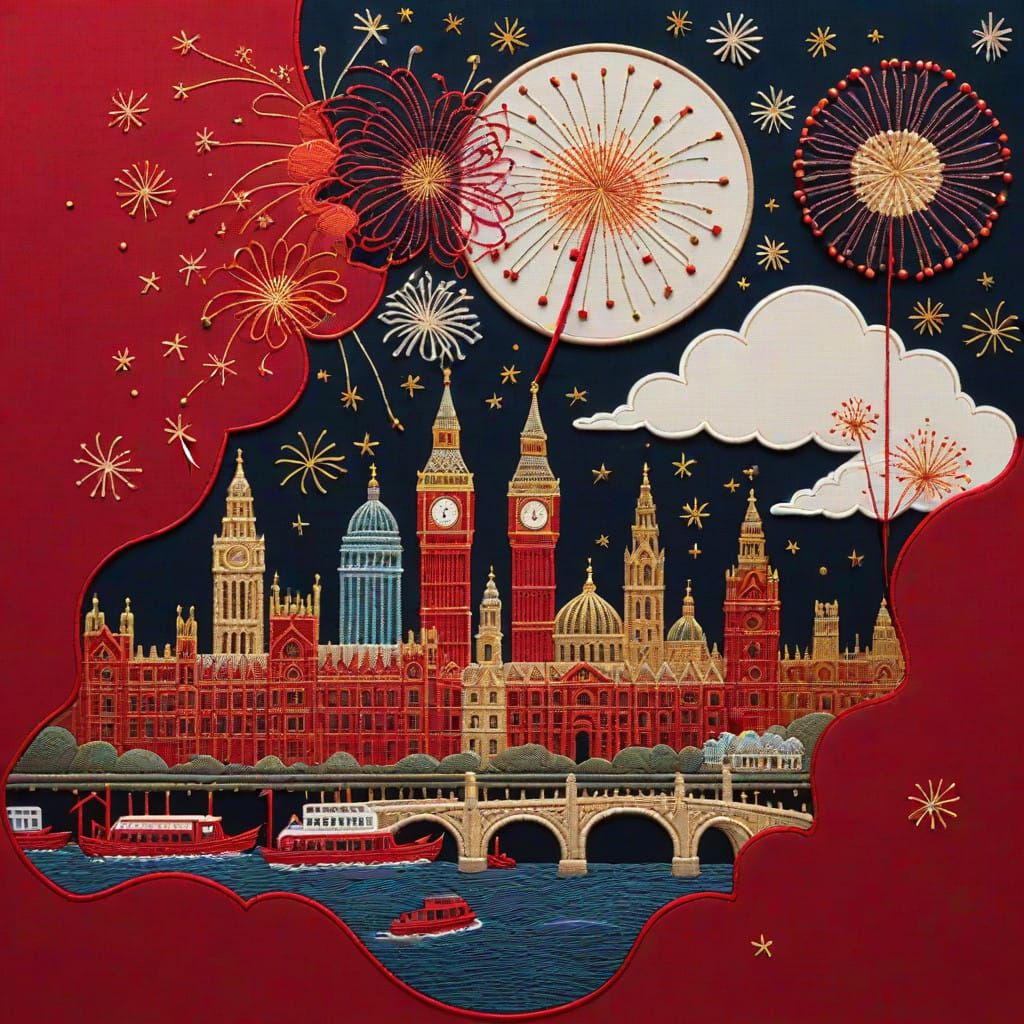Crimson Fireworks Dance Above London City Skyline in Embroid...
