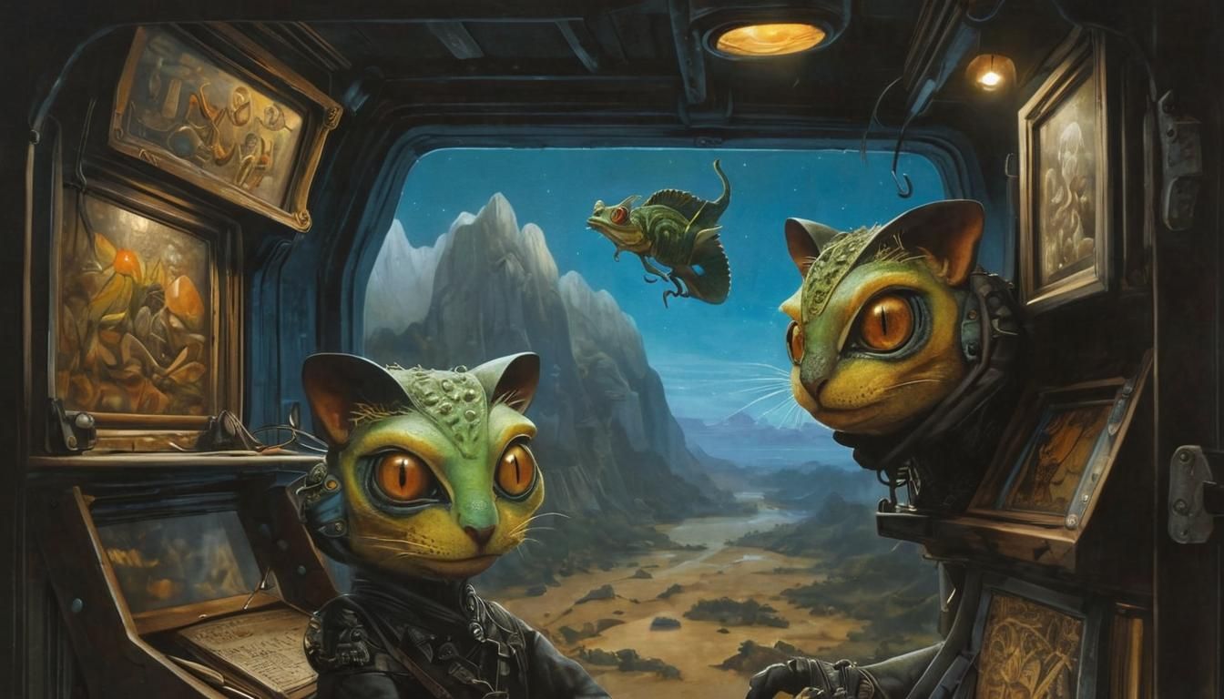 Anthropomorphic Chameleon Cat Burglar in Scratchboard Ink