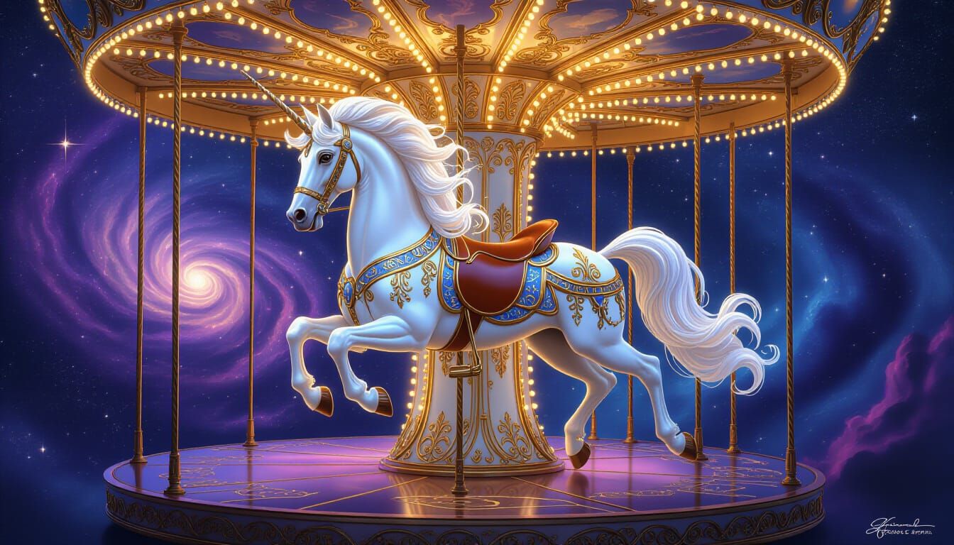 Majestic Celestial Carousel Horse with Moonlight Mane