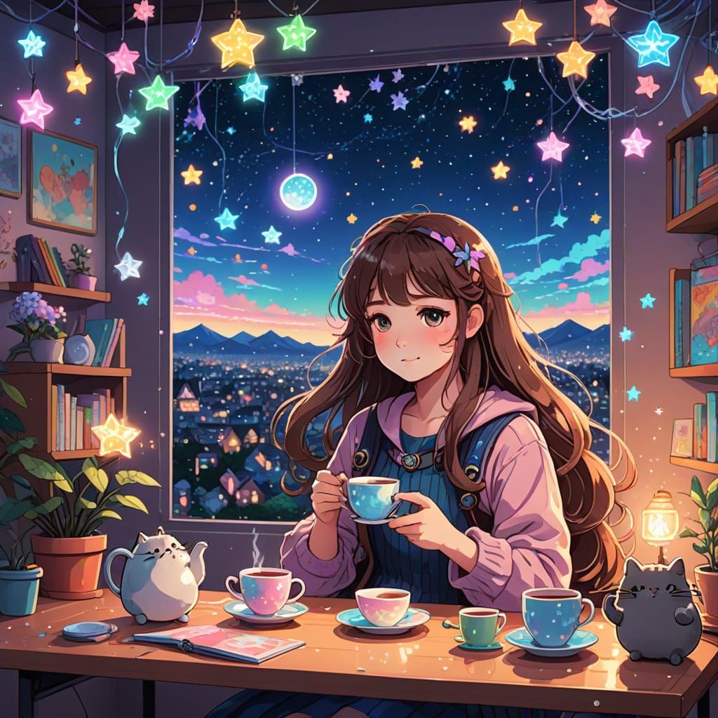 Whimsical Anime Girl Enjoys Magical Tea in a Vibrant, Cel-Sh...