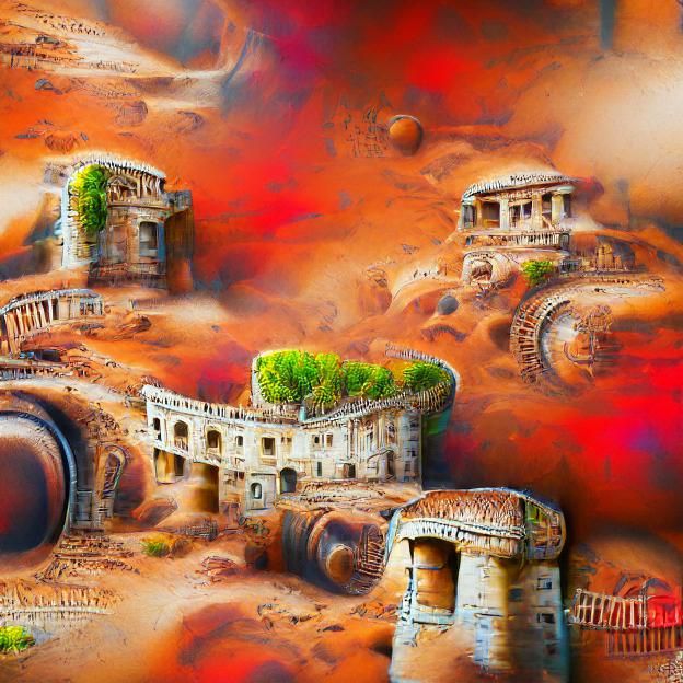 Roman Ruins on Mars in Steampunk Anime Style