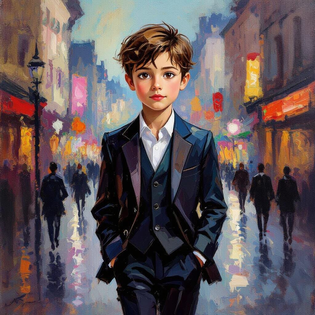 Boy in Pant Suit Walks Through Vibrant City