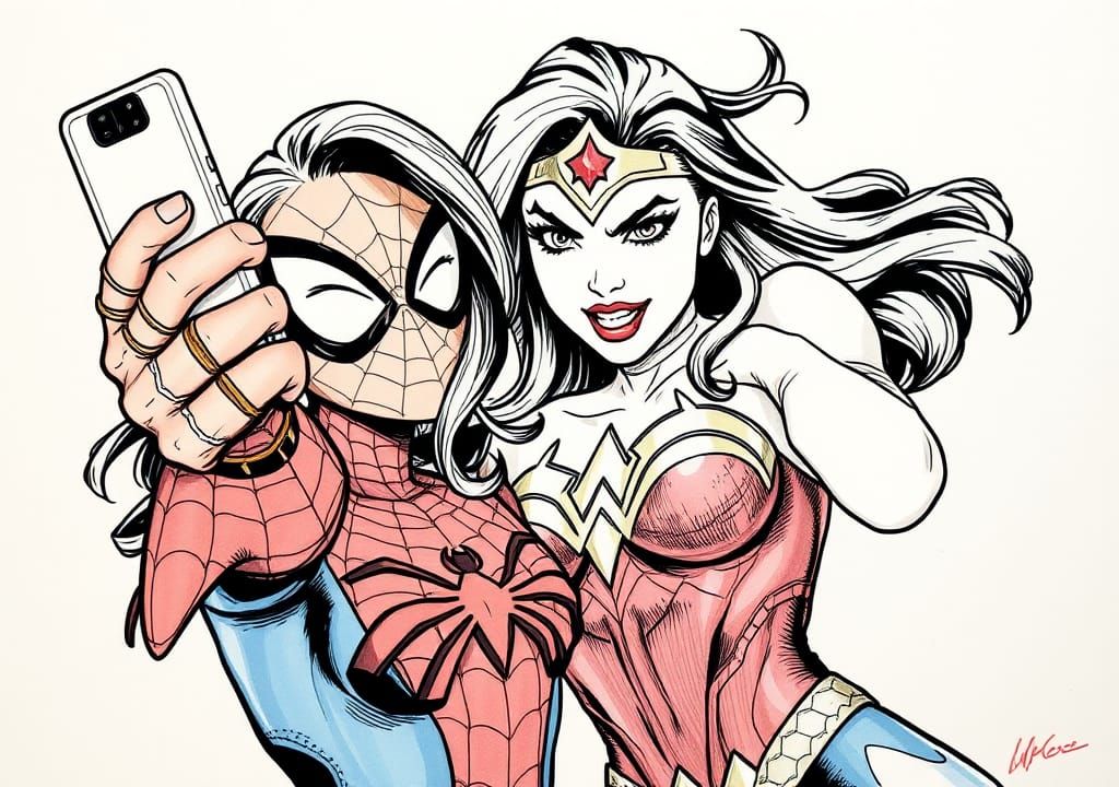 SpiderGwen and Wonder Woman Selfie in Comic Art Style