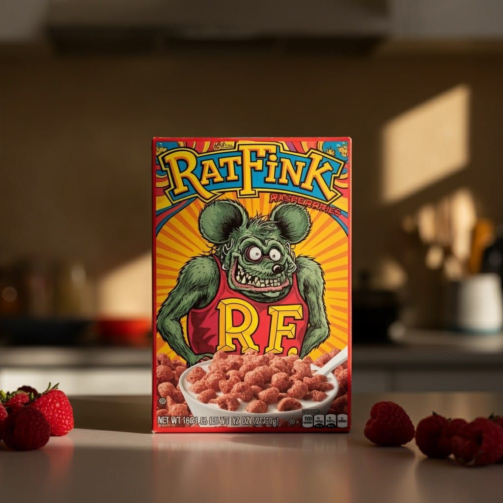 Rat Fink Cereal Box in Retro Pop-Art Style