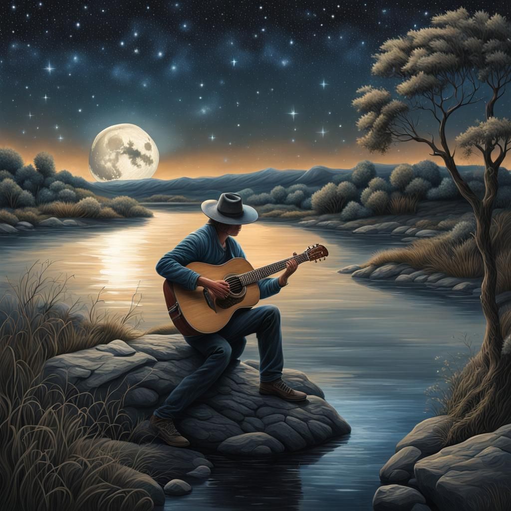 Hyperrealistic Guitarist Under Moonlight by River