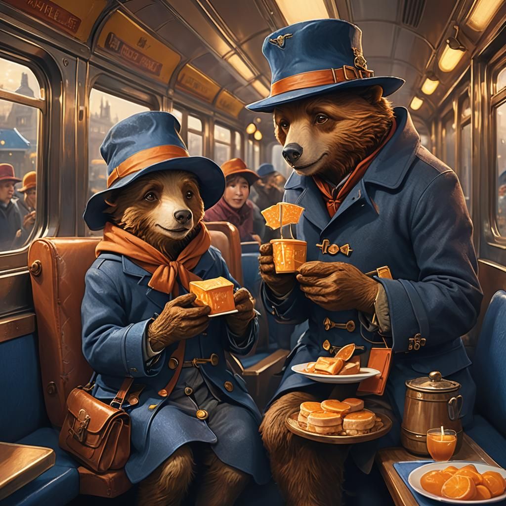 Paddington Bear Shares Sandwich on Train: Fantasy Art