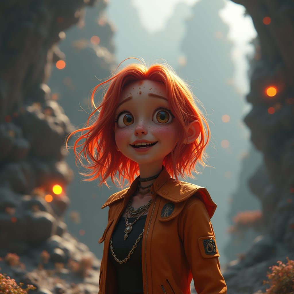 Fantasy Redhead Girl in Whimsical High-Fantasy Landscape