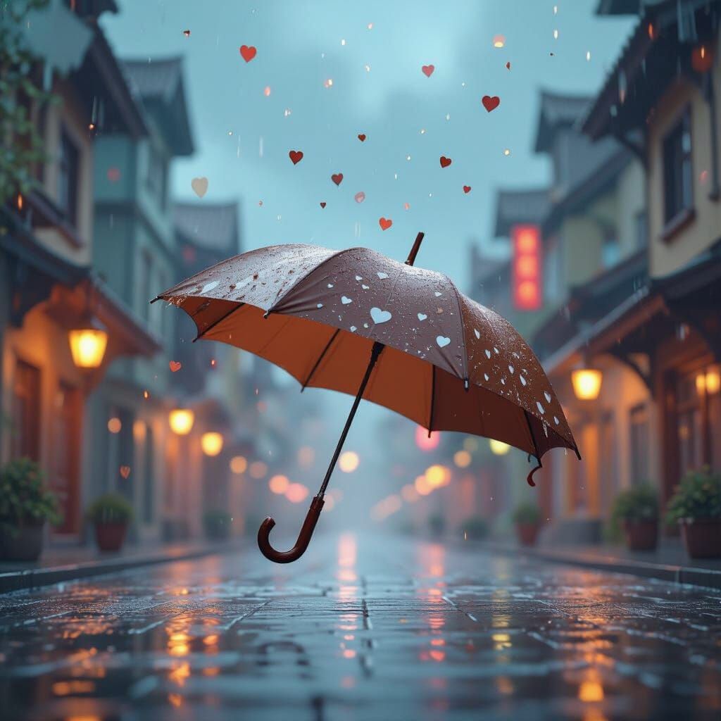 Brown Umbrella with Hearts Blown by Wind in Colorful Town