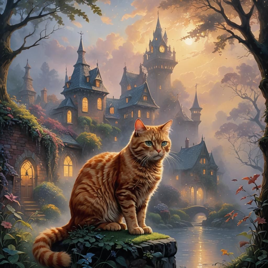 Ethereal Ginger Cat Silhouette in Fantasy Landscape