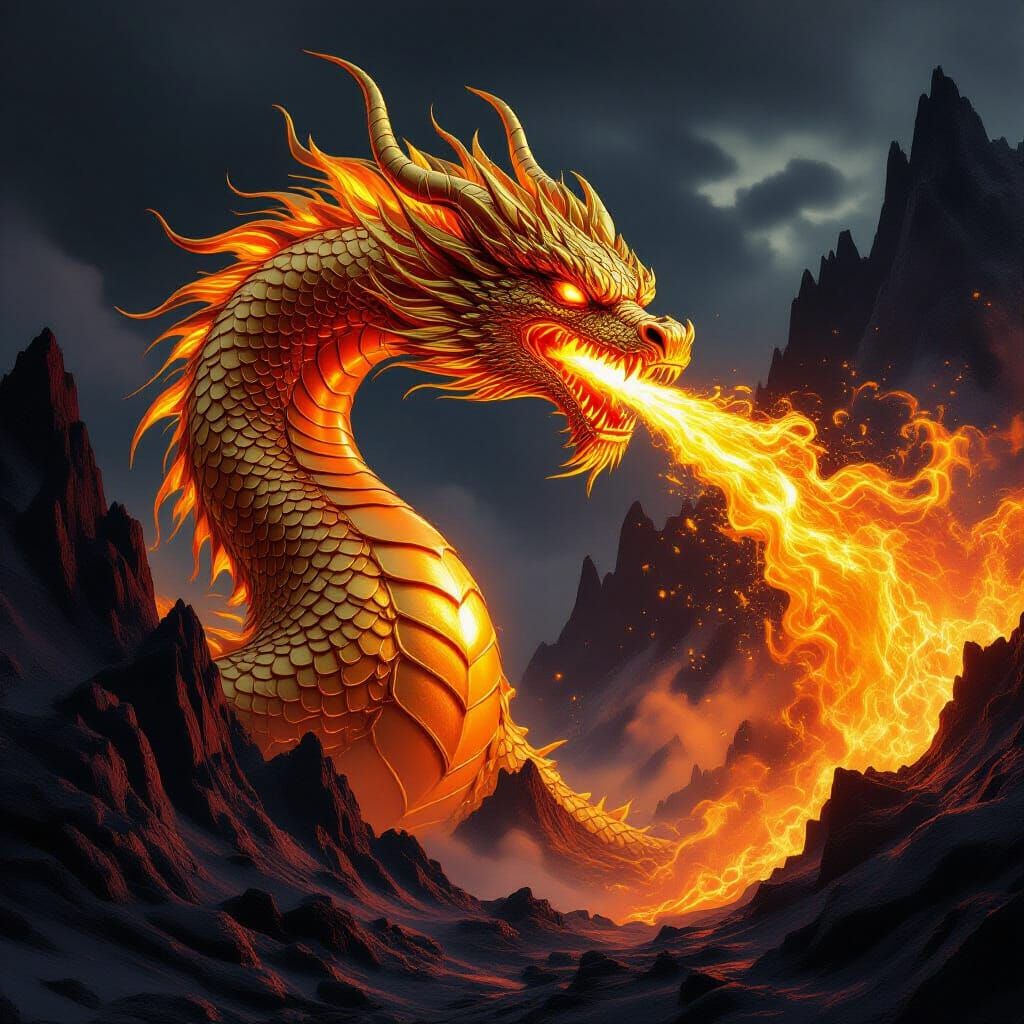 Molten Gold Dragon Breathes Fire on Obsidian Mountains