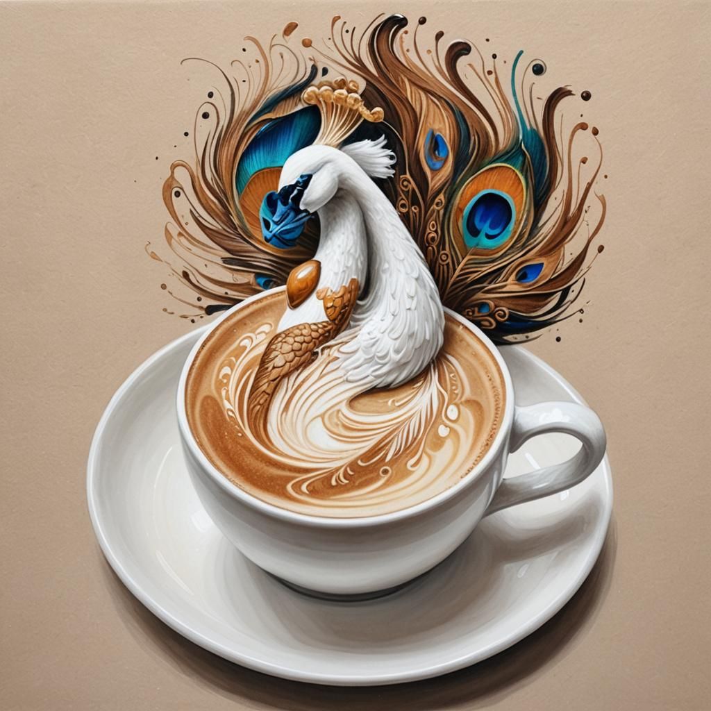 Latte Art Swan and Peacock: Pencil Sketch on Canvas