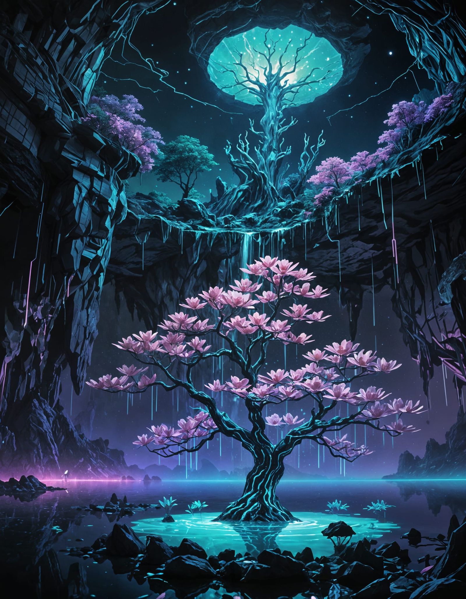 Bioluminescent Magnolia in Synthwave Cave: 3D Anime Art