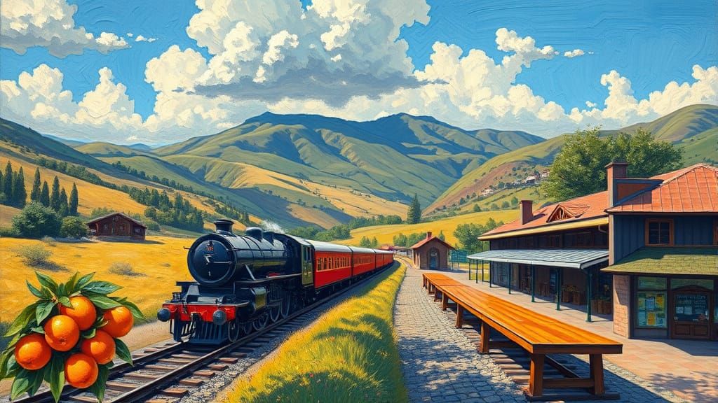 Neo-Impressionist Train in Sunlit Valley Painting