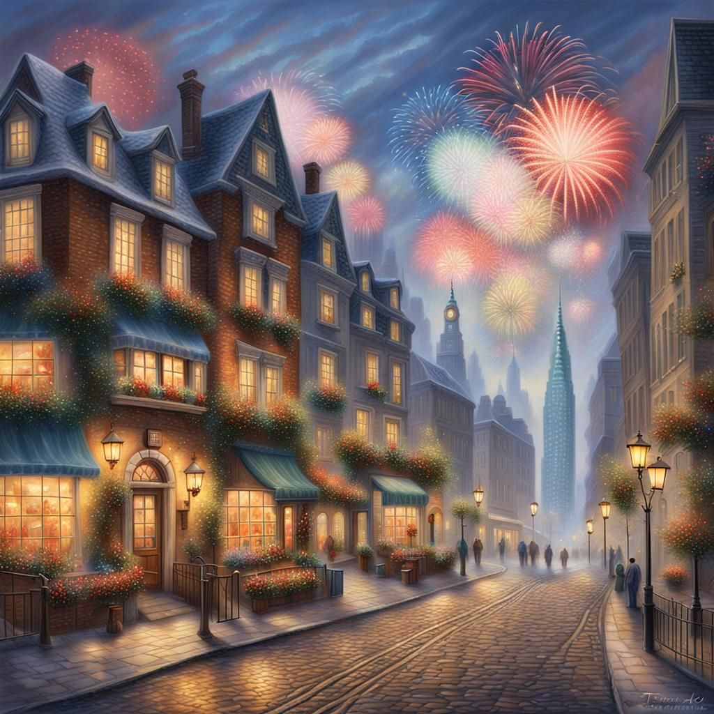 European Village and NYC Skyline with Fireworks