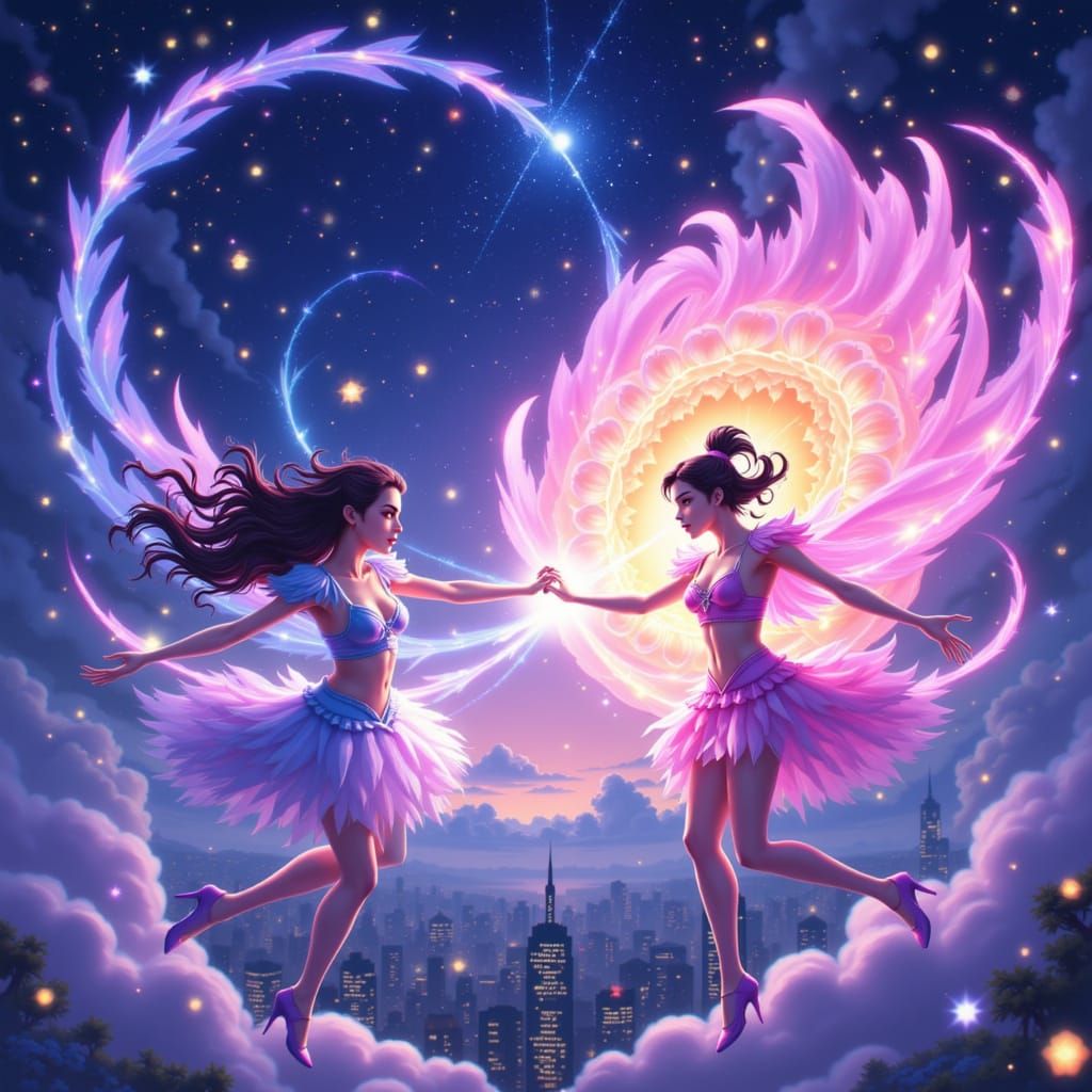 Magical Girls Duel Above City Nightscape in Shojo Anime Styl...