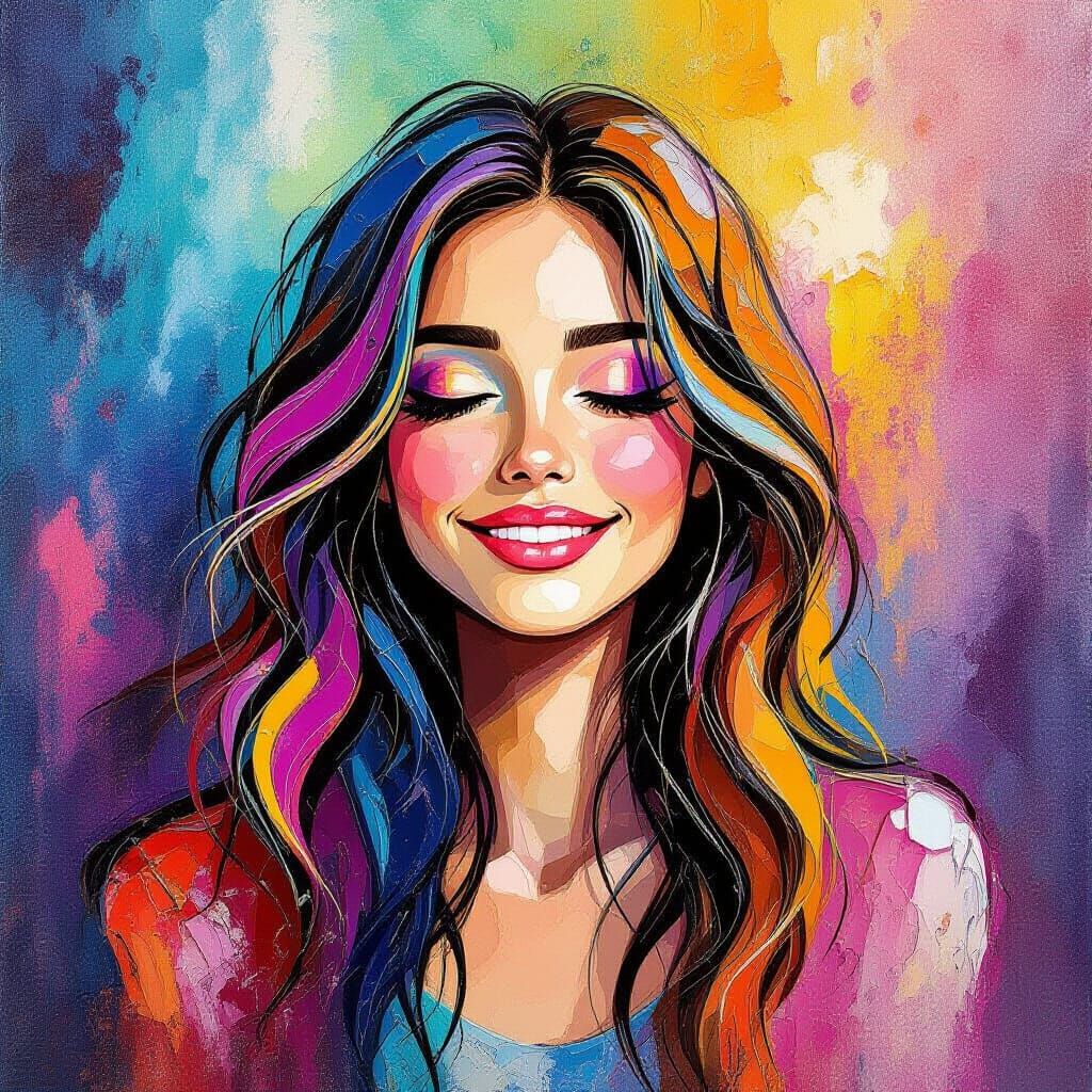 Dreaming Hippy Girl in Acrylic Watercolor Impasto Style