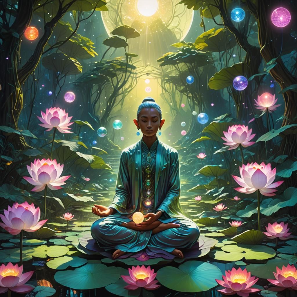 Serene Person with Glowing Orbs in Fantasy Art