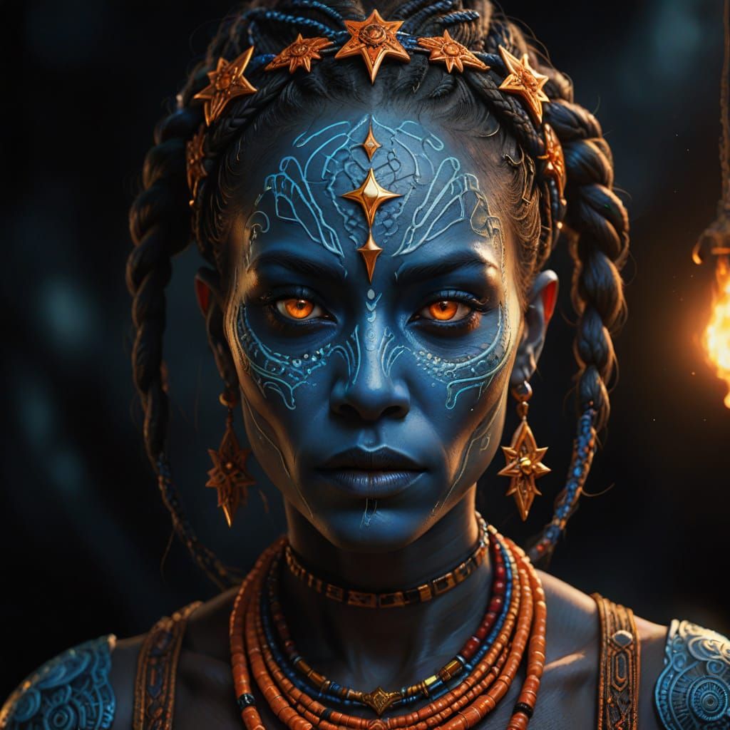 Ethereal Fantasy Beauty with Vibrant Tribal Patterns