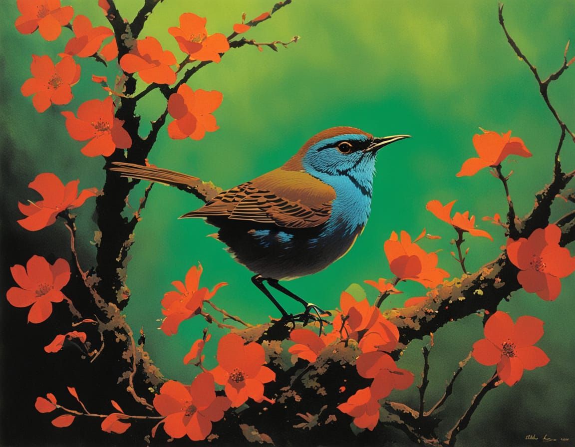 Whimsical Wren Sings in Vibrant Spring Landscape