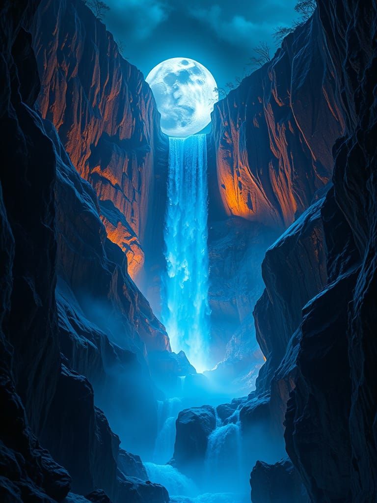 Glowing Sapphire Waterfalls in Hyperrealistic Neon Moonlight