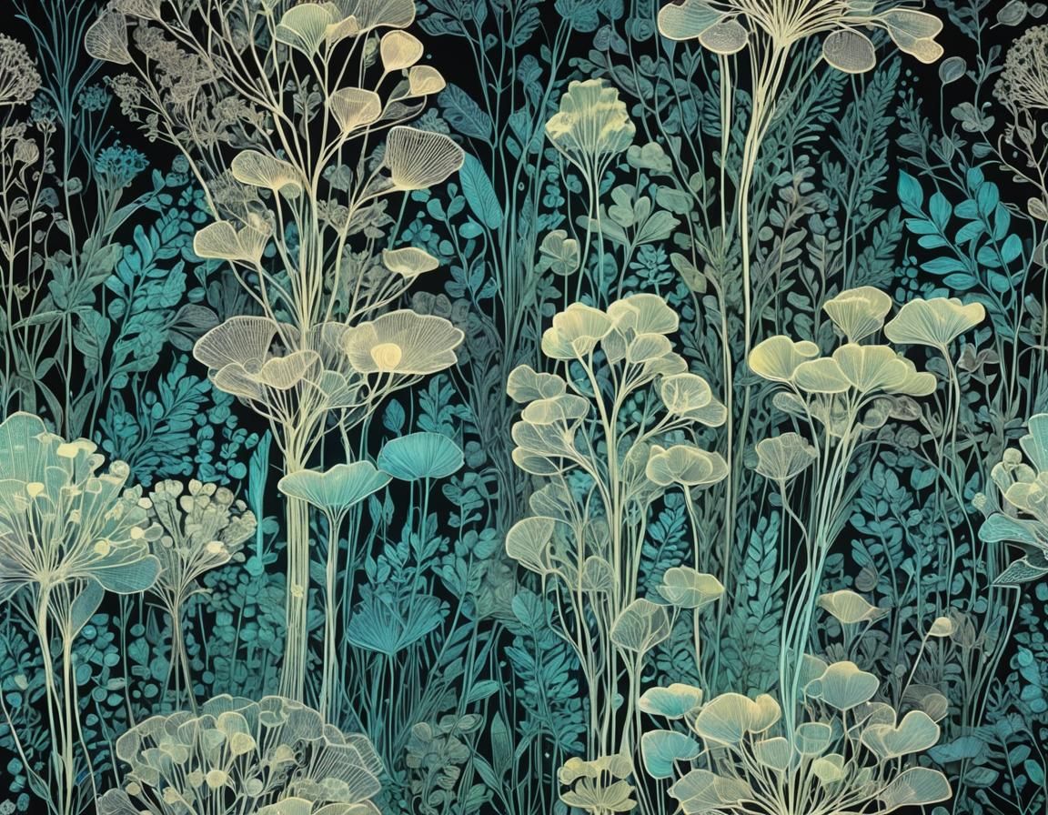 Bioluminescent Zentangle Papyrus Plants in Holographic Style