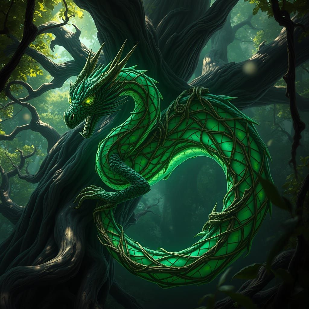Bioluminescent Dragon Coiled Around Ancient Tree