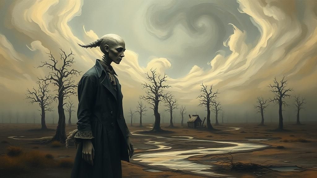 Eerie Figure in Surreal Dreamlike Landscape