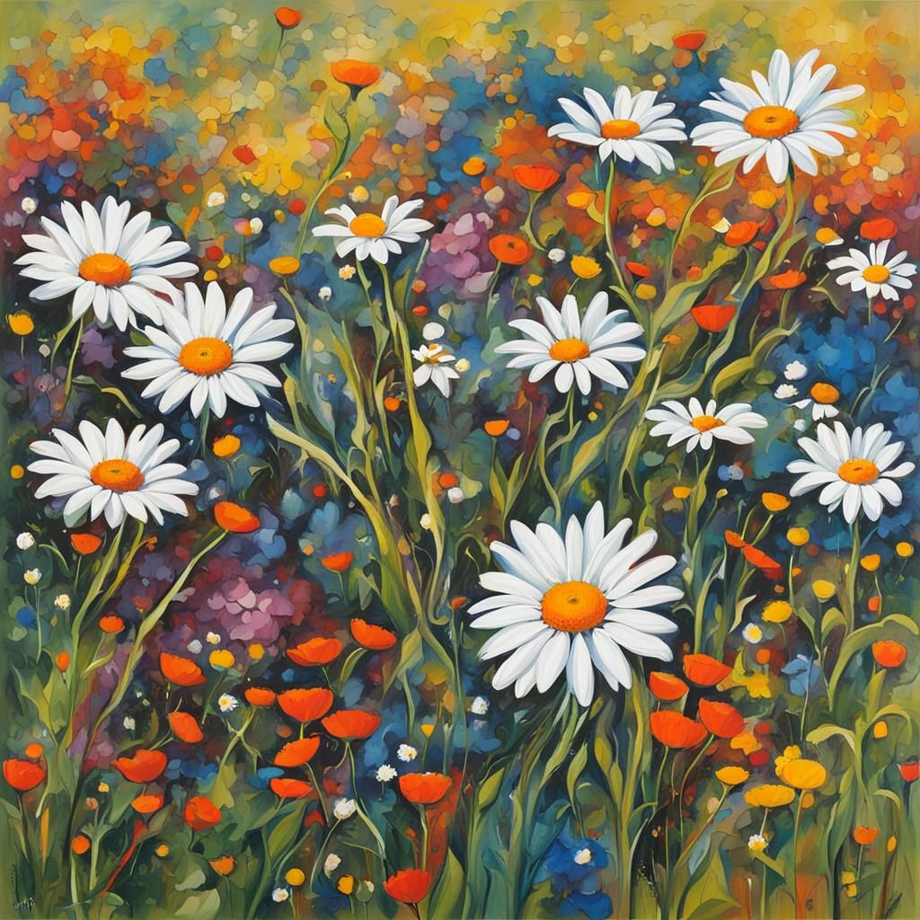 Abstract Daisies and Wildflowers in Field