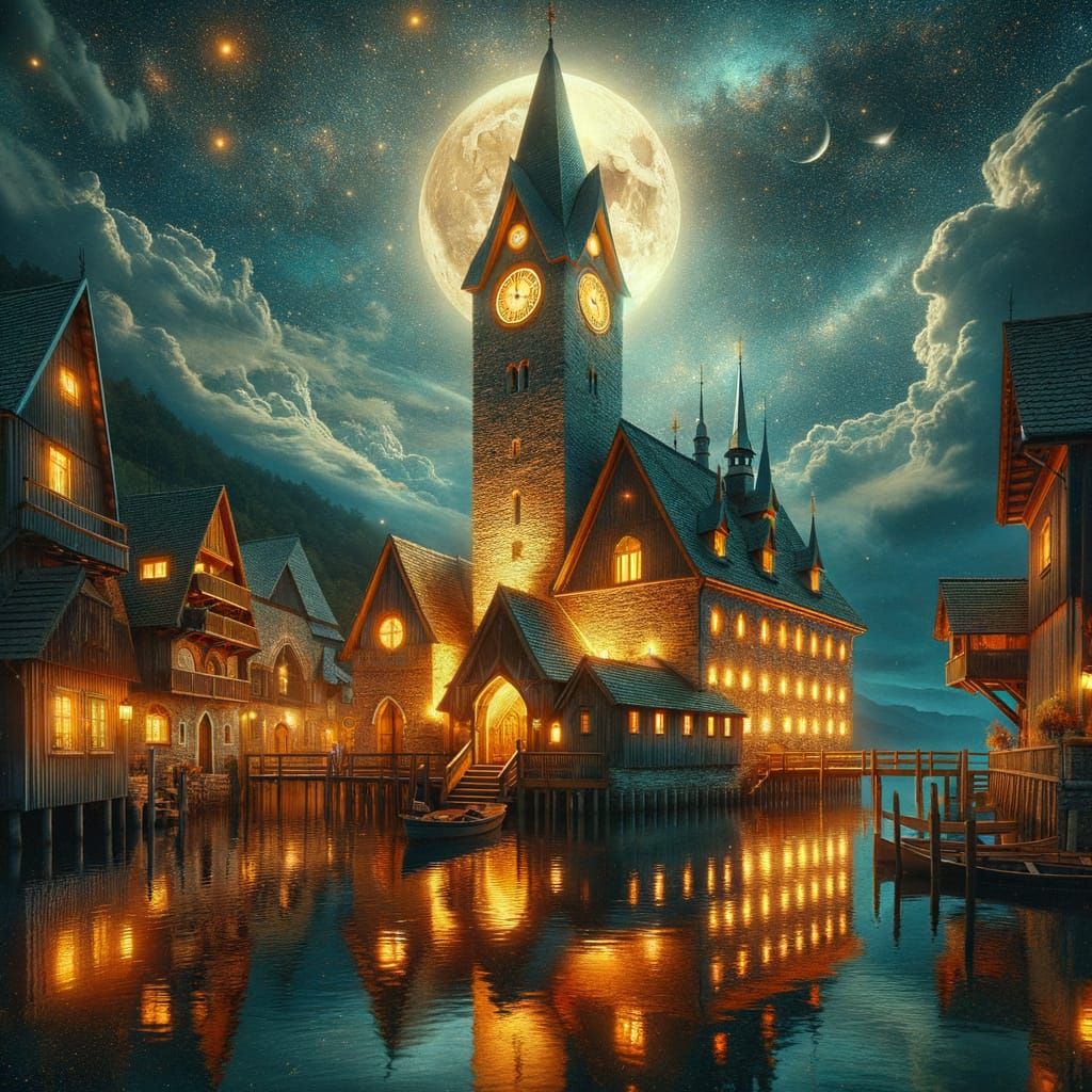 Moonlit Village Scene with Clock Tower in Warm Golden Light