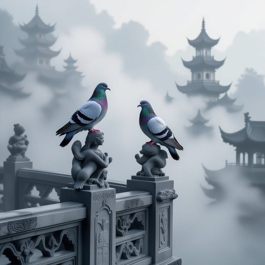 Pigeons on Mist-Shrouded Statues in Charcoal