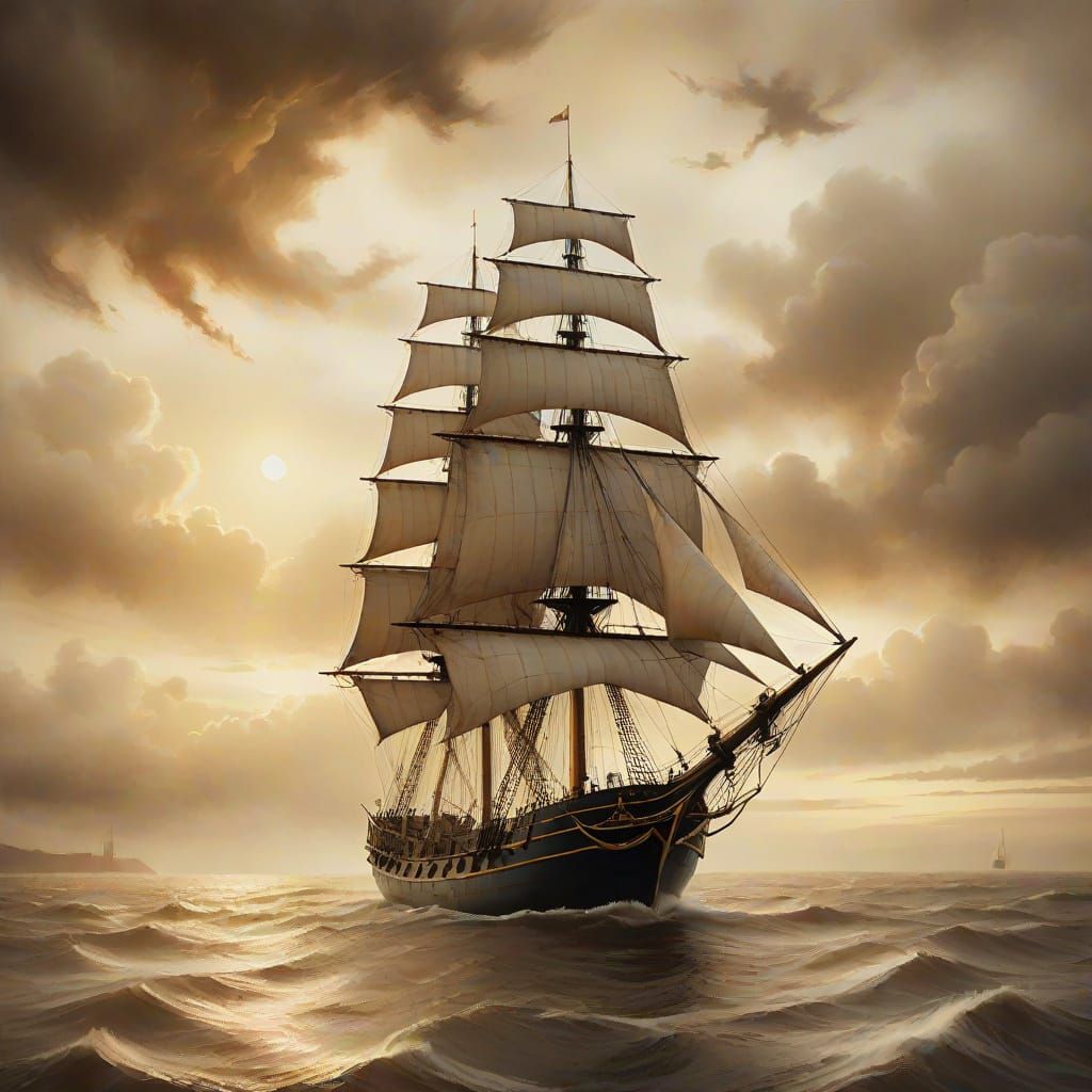 Black Tall Ship at Sea in Sepia Oil Painting