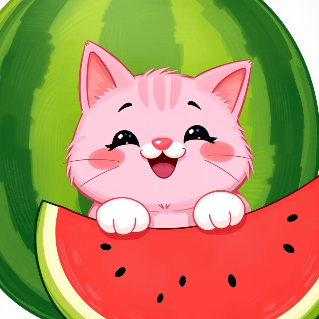 Whimsical Pink Cat Peeks Out from Behind a Vibrant Green Wat...